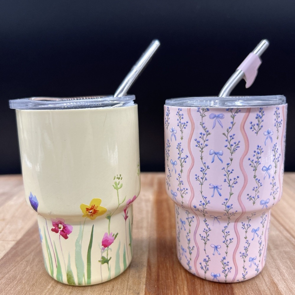 Stainless Steel Mini Tumbler Shot Glass With Straw And Lid Spring Flowers 2 lot